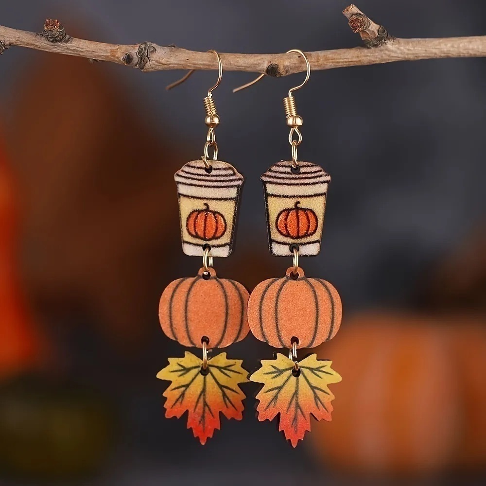 Wooden Maple Leaf, Coffee and Pumpkin Dangle Earrings with Gold Tone Hardware